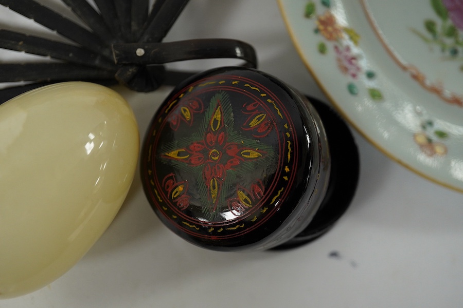 A Chinese famille rose plate a vellum fan, a small group of miniature books, lacquer box and onyx egg, fan 35cm wide. Condition - plate slight chip, rest fair to good